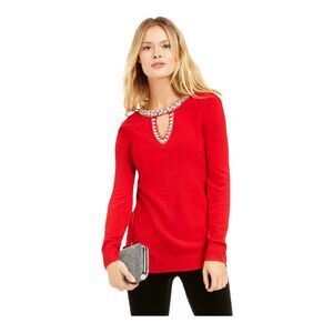 INC Real Red Petite Embellished Keyhole Sweater PL